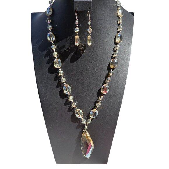 Art Deco Czech AB Crystal Bead Necklace & Earrings Set Flapper Statement - Picture 9 of 9